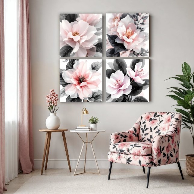 Delicate Transparent Floral Pink Black & White Acrylic Photo Tile (Delicate Transparent Floral and Botanical Overlapping Layers of Pink Black & White Leaves and Flower)