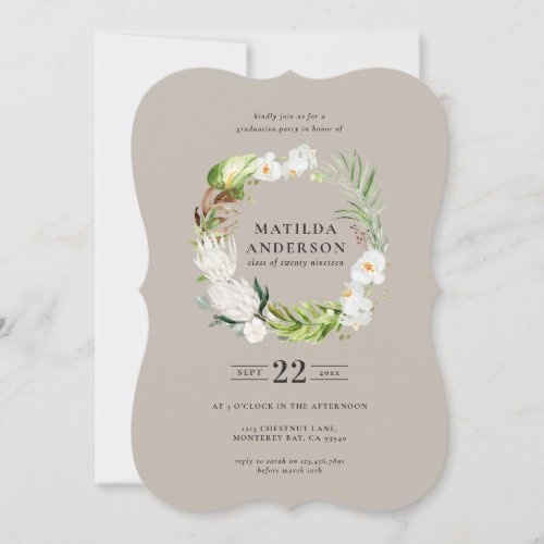 Delicate tropical floral wreath graduation invite