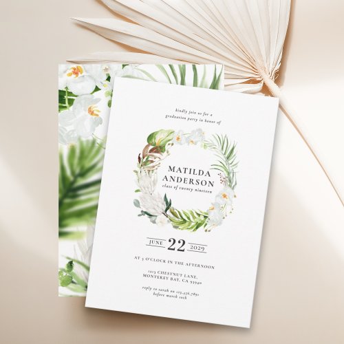 Delicate tropical floral wreath graduation invite