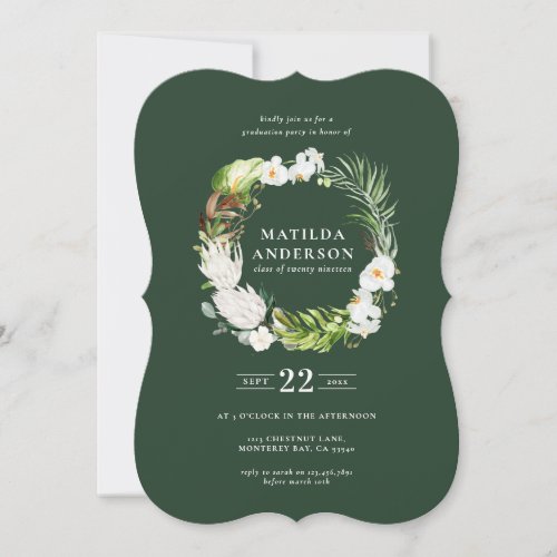 Delicate tropical floral wreath graduation invite