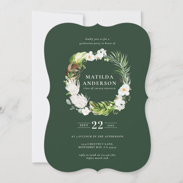 Delicate tropical floral wreath graduation invite (Front)