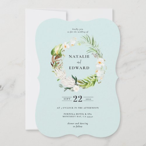 Delicate tropical floral wreath wedding invitation