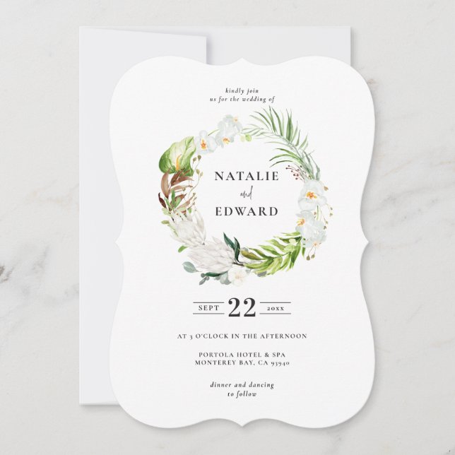 Delicate tropical floral wreath wedding invitation (Front)
