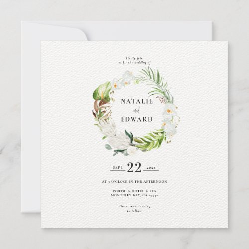 Delicate tropical floral wreath wedding invitation