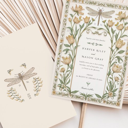 Delicate Tulips Nouveau Wedding Dragonfly Floral Invitation