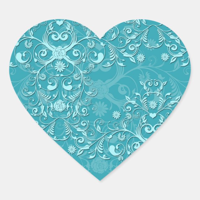 Delicate Two Tone Fancy Floral Teal Damask Heart Sticker (Front)