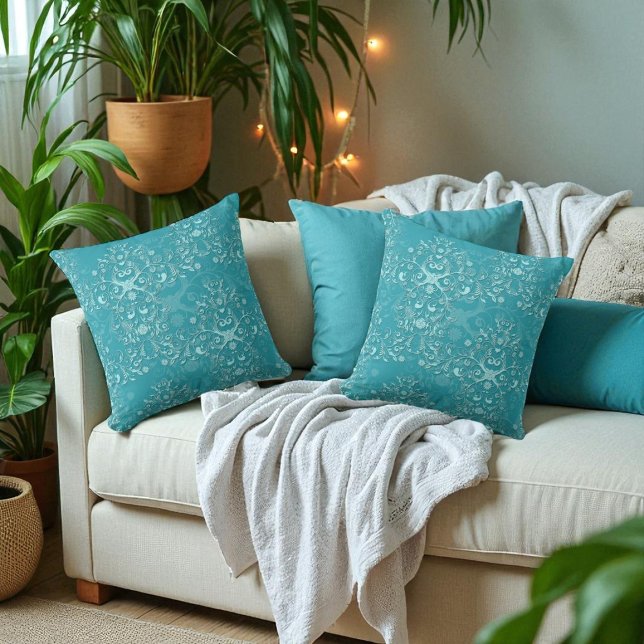 Delicate Two Tone Fancy Floral Teal Damask Throw Pillow (Creator Uploaded)