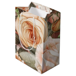 Delicate Vintage Peach and Pink Roses Medium Gift Bag