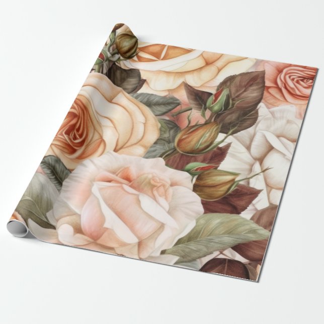 Delicate Vintage Peach and Pink Roses Wrapping Paper (Unrolled)