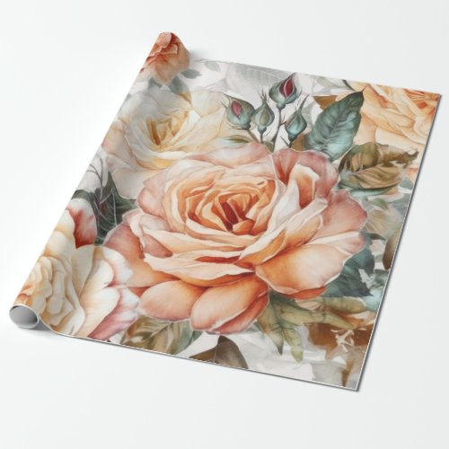 Delicate Vintage Peach and White Roses Wrapping Paper