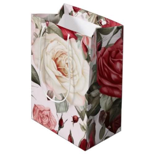 Delicate Vintage Pink White and Red Roses  Medium Gift Bag