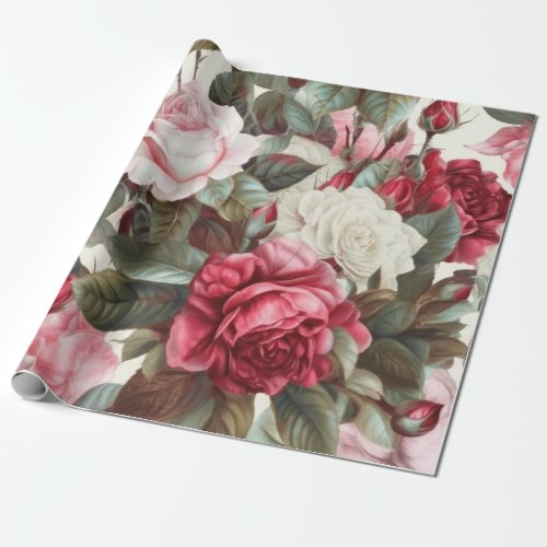 Delicate Vintage Pink White and Red Roses  Wrapping Paper