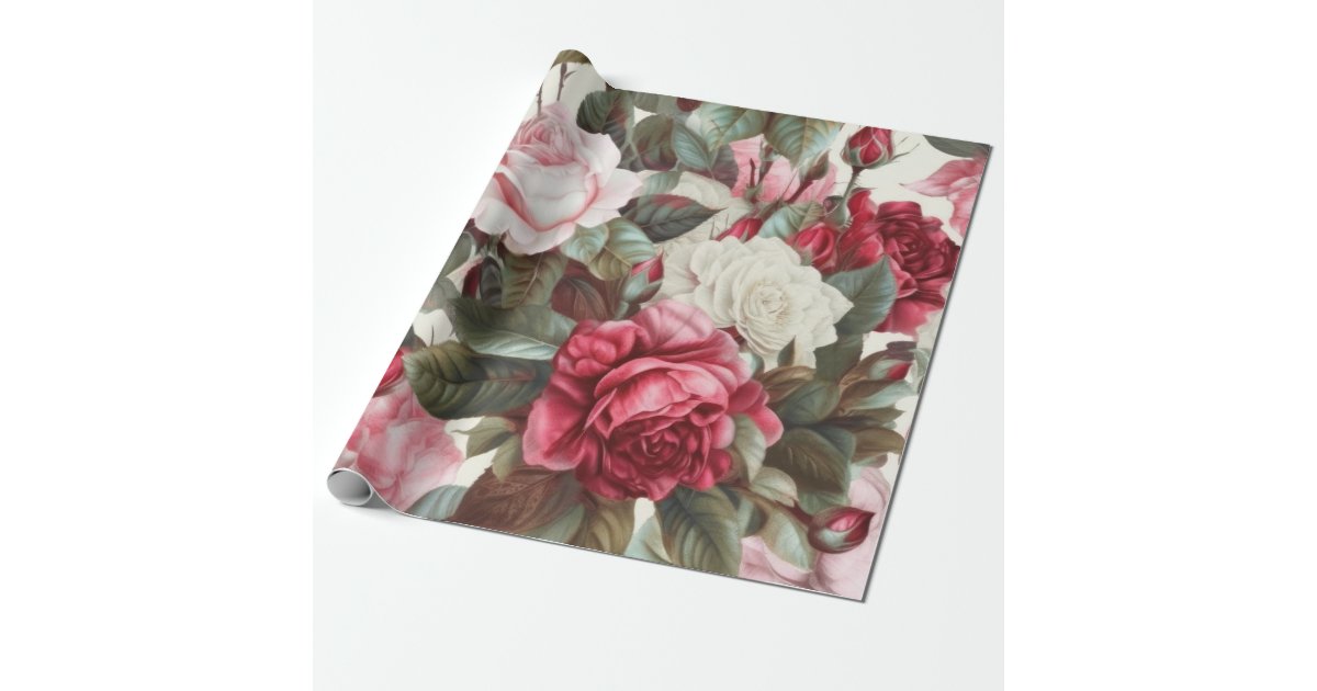 Delicate Vintage Pink White and Red Roses Wrapping Paper | Zazzle