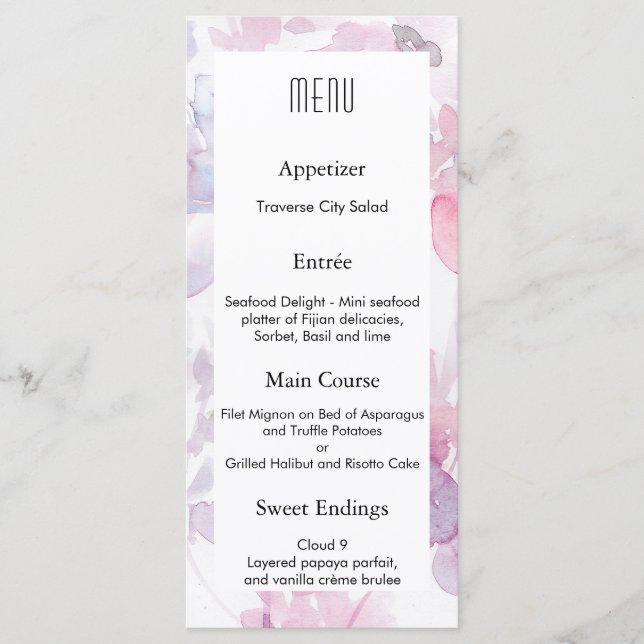 Delicate Watercolor Blooms Wedding Design MENU (Front)