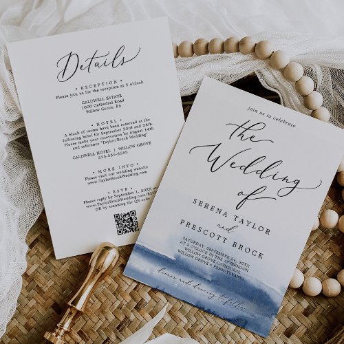 Delicate Watercolor Blue QR Code Details Wedding Invitation
