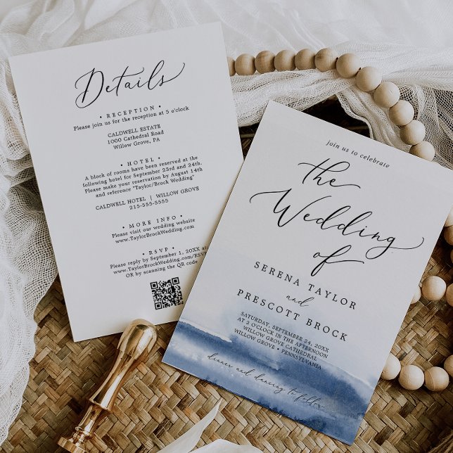 Delicate Watercolor Blue QR Code Details Wedding Invitation (Creator Uploaded)