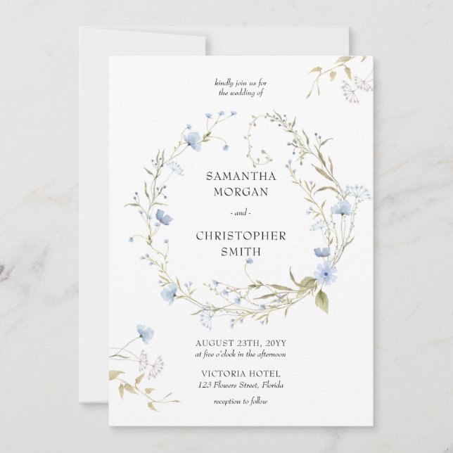 Delicate watercolor blue wildflowers wreath invitation (Front)