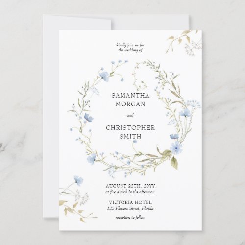 Delicate watercolor blue wildflowers wreath invitation