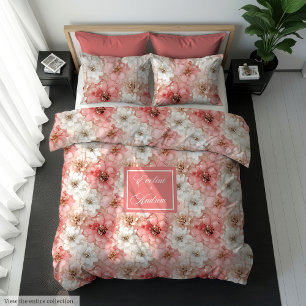 Delicate watercolor blush and gold ink flowers duvet cover
