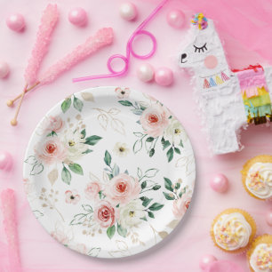 Delicate Watercolor Blush and White Floral Pattern Paper Plates