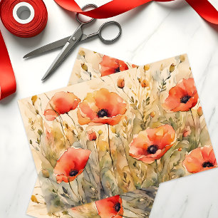 Delicate Watercolor Bold Orange Poppy Blooms Tissue Paper