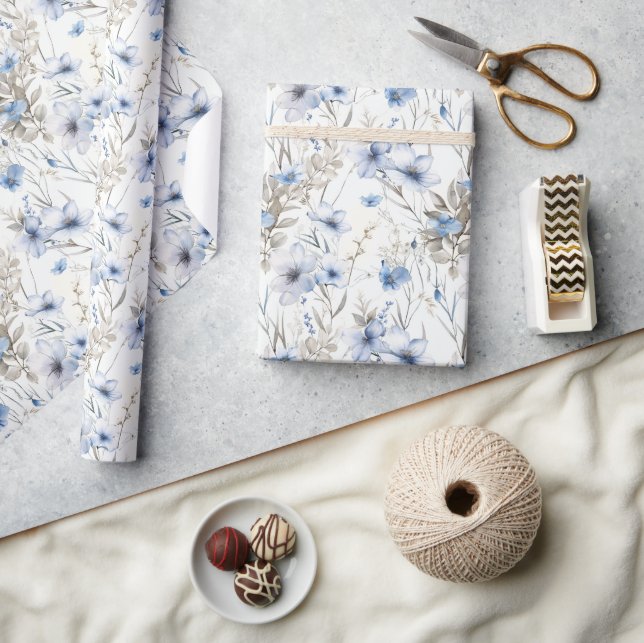 Delicate Watercolor Botanical Pattern – Soft Blue  Wrapping Paper (Crafts)