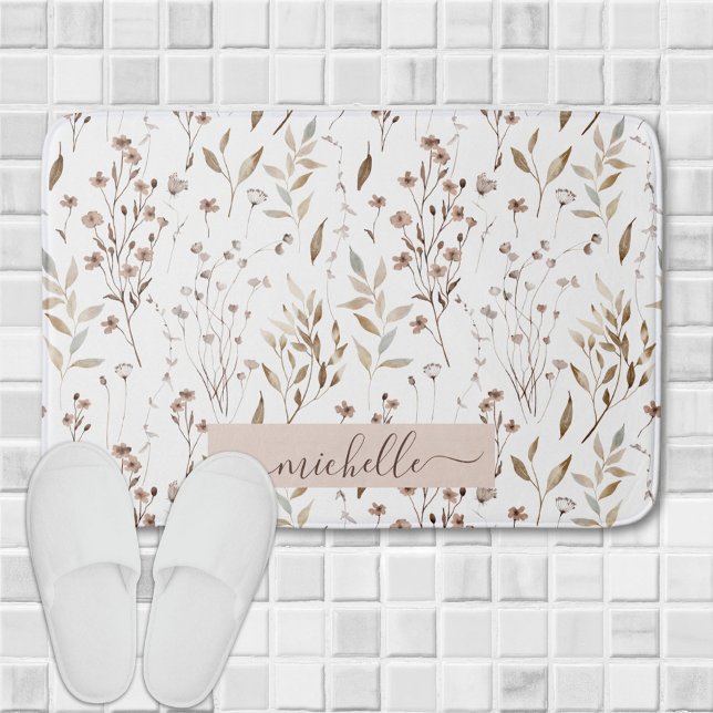 Delicate Watercolor Brown Flowers Leaves Pattern Bath Mat (In situ)