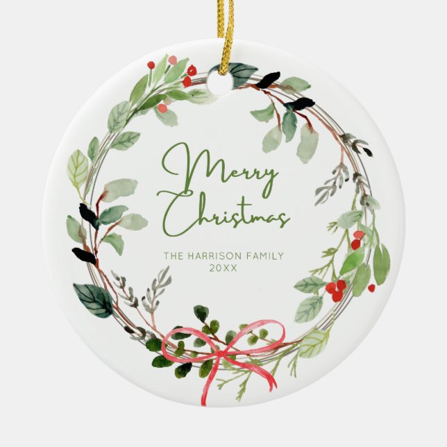 Delicate Watercolor Christmas Wreath Ceramic Ornament (Front)