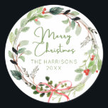 Delicate Watercolor Christmas Wreath Classic Round Sticker<br><div class="desc">Soft greenery watercolor Christmas wreath design with holly and a delicate red bow. Customizable with your family name or personal message.</div>