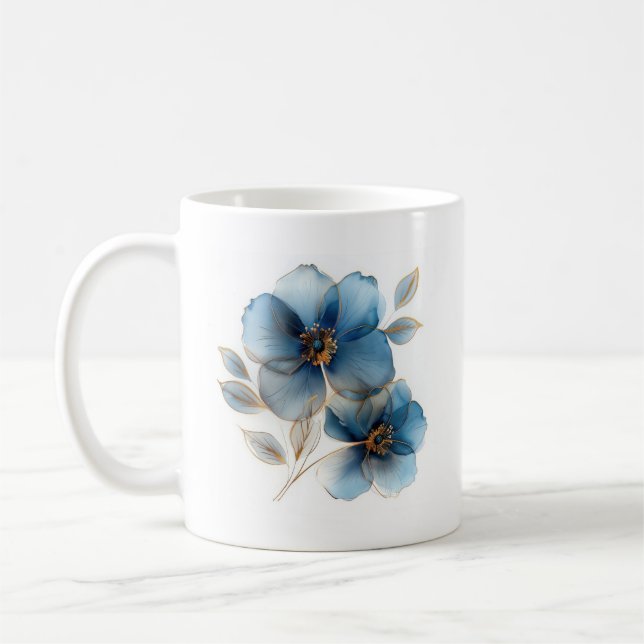Delicate watercolor dusty blue and gold flowers coffee mug (Left)