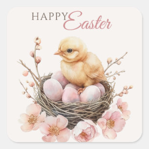 Delicate Watercolor Easter Nest Egg & Chick Brunch Square Sticker