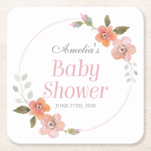Delicate Watercolor Floral Baby Shower Square Paper Coaster