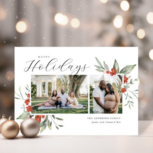 Delicate Watercolor Floral Happy Holidays Photo Holiday Card