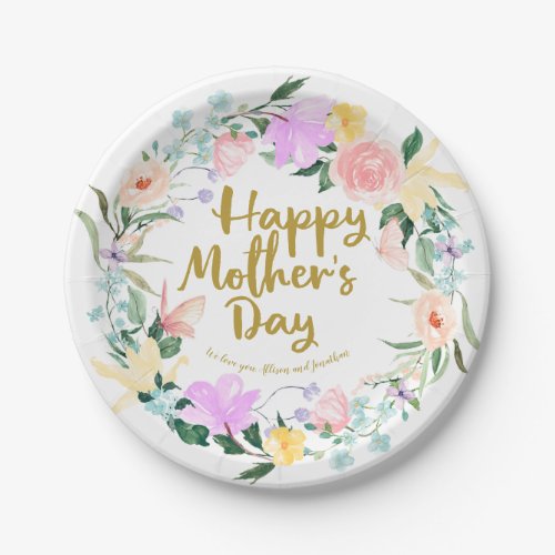 Delicate Watercolor Floral Happy Mothers Day Paper Plates