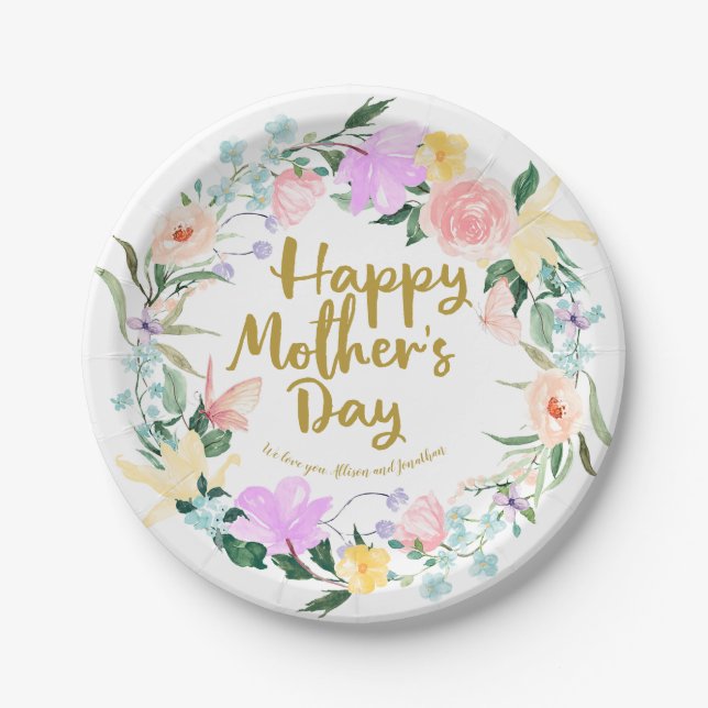 Delicate Watercolor Floral Happy Mothers Day Paper Plates (Front)