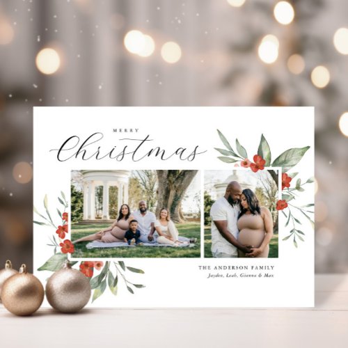 Delicate Watercolor Floral Merry Christmas Photo Holiday Card