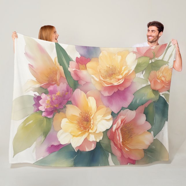Delicate Watercolor Floral Painting Fleece Blanket (In Situ)