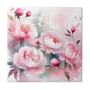 Delicate Watercolor Flowers in Soft Pink Ceramic Tile