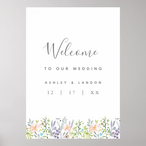 Delicate watercolor flowers wedding welcome sign