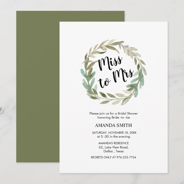 Delicate Watercolor Foliage Wreath Bridal Shower Invitation (Front/Back)