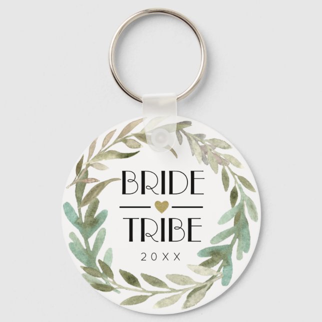 Delicate Watercolor Greenery Bride Tribe Keychain (Front)