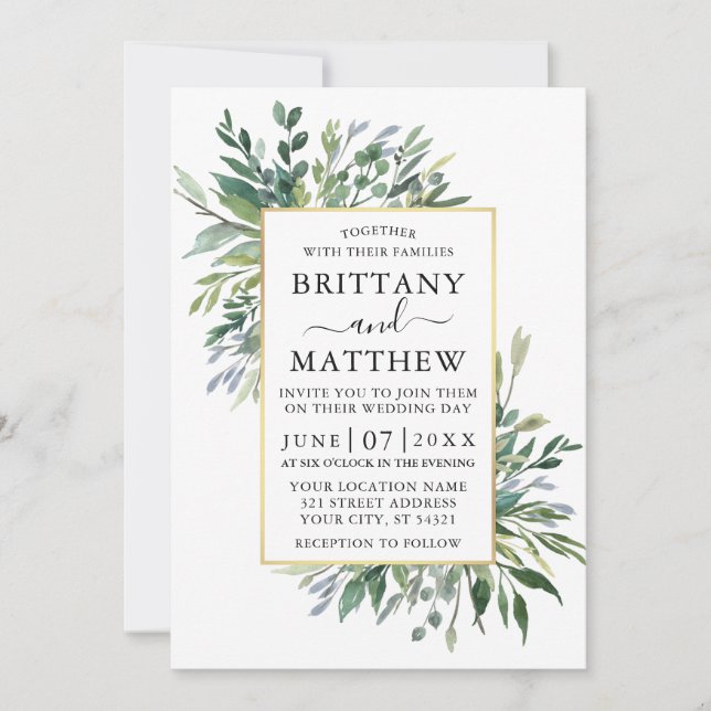 Delicate Watercolor Greenery Gold Wedding Invitation (Front)