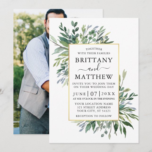 Delicate Watercolor Greenery Photo Gold Wedding Invitation (Front/Back)