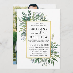 Delicate Watercolor Greenery Photo Gold Wedding Invitation