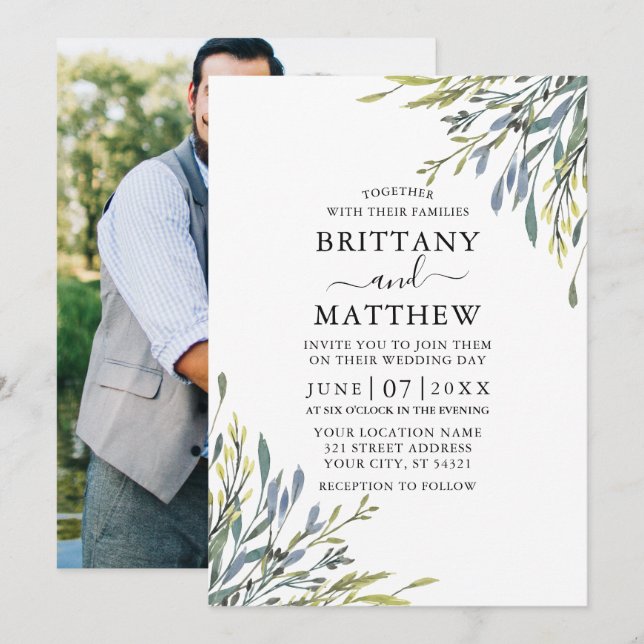 Delicate Watercolor Greenery Photo Wedding Invitation (Front/Back)