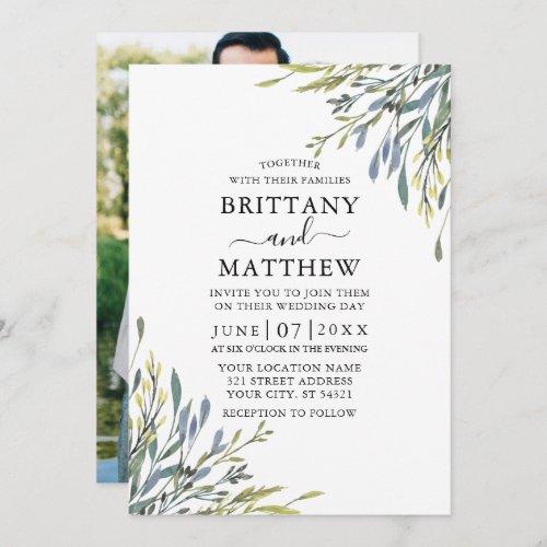 Delicate Watercolor Greenery Photo Wedding Invitation