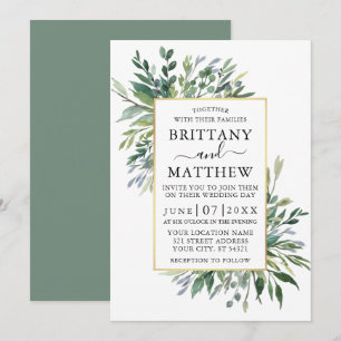 Delicate Watercolor Greenery Sage Green Gold Invitation