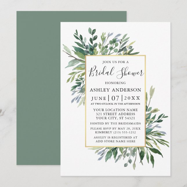 Delicate Watercolor Greenery Sage Green Shower Invitation (Front/Back)