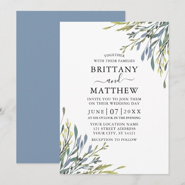 Delicate Watercolor Greenery Wedding Dusty Blue Invitation (Front/Back)