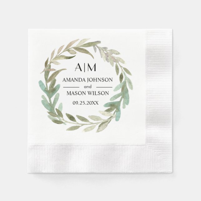 Delicate Watercolor Greenery Wedding Party Paper Napkins (Front)